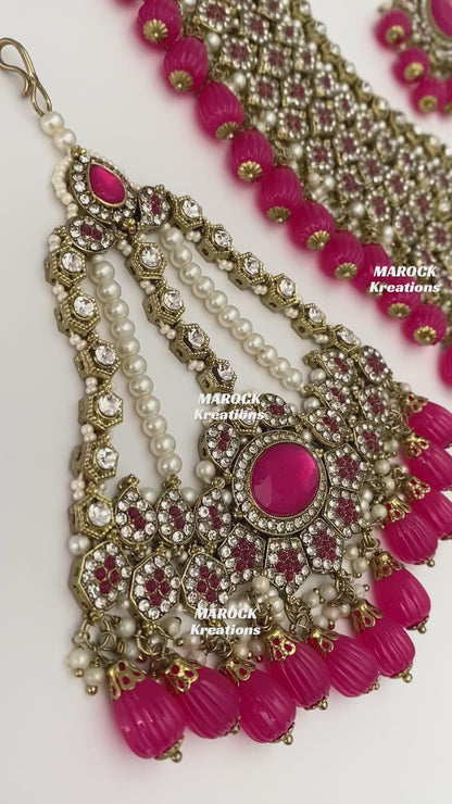 Antique Gold Pakistani Magenta Necklace set