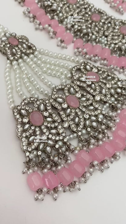 Silver/Pink Pakistani choker and necklace combo set/Pakistani Bridal set