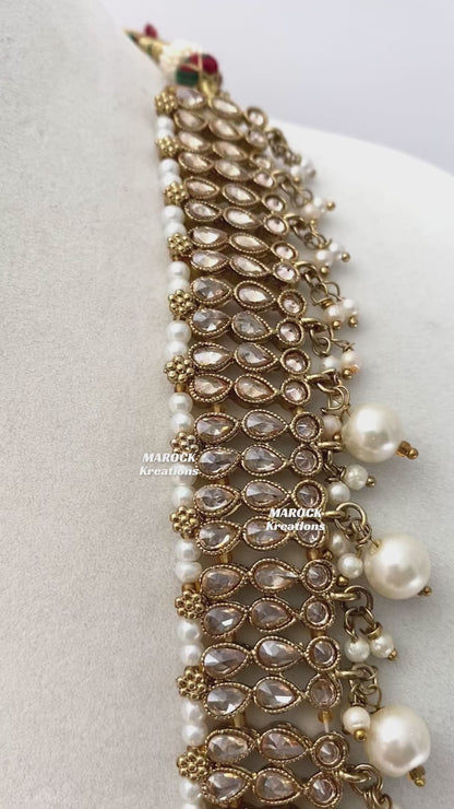 Antique Gold White Polki Raani Haar/Long Necklace