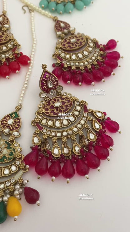 Premium Quality Kundan Meenakari Statement Earrings and tikka sets