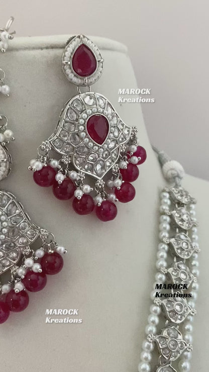 Polki Raani Haar in silver maroon dark red/Long necklace