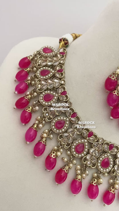 Antique Gold/Magenta/Hot Pink Polki Necklace set