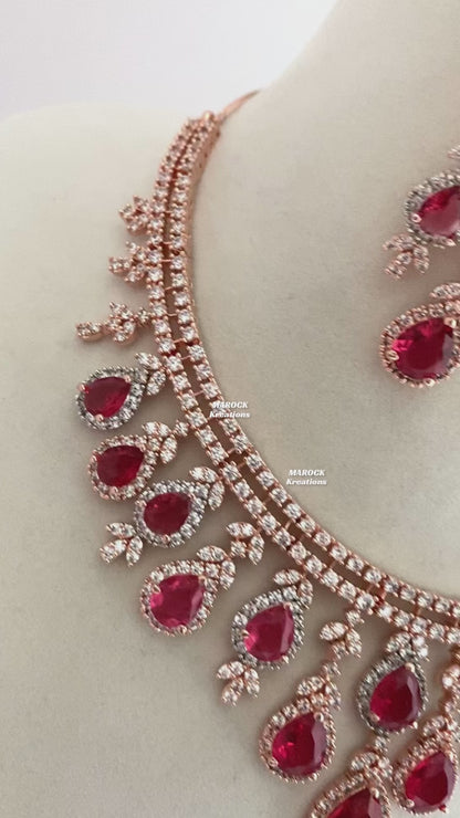 Rose Gold/Red American Diamond Necklace set